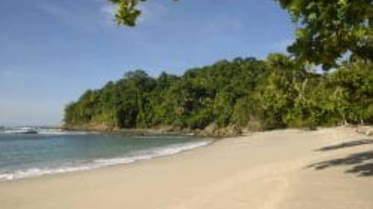 Golden sand Costa Rican beach with forested hills and calm ocean.