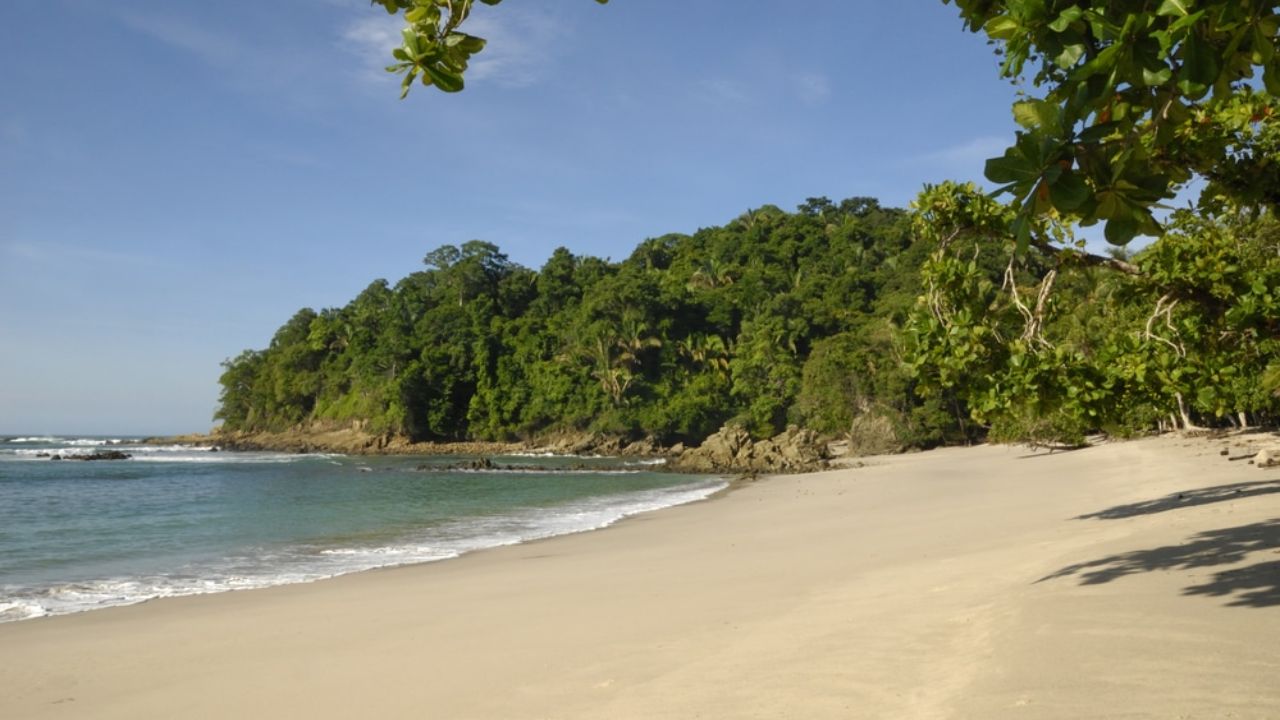 Tropical beach at Manuel Antonio National Park with forested hills, rocky shoreline, and clear blue water.