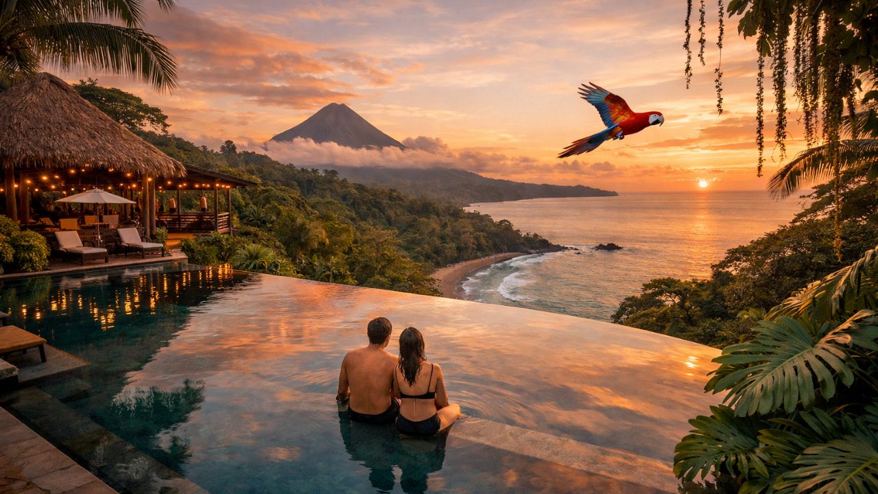 Couple at infinity pool overlooking tropical ocean sunset.